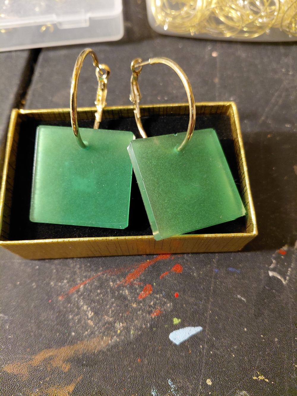 Gold Hoop Earrings with Green Square Drops